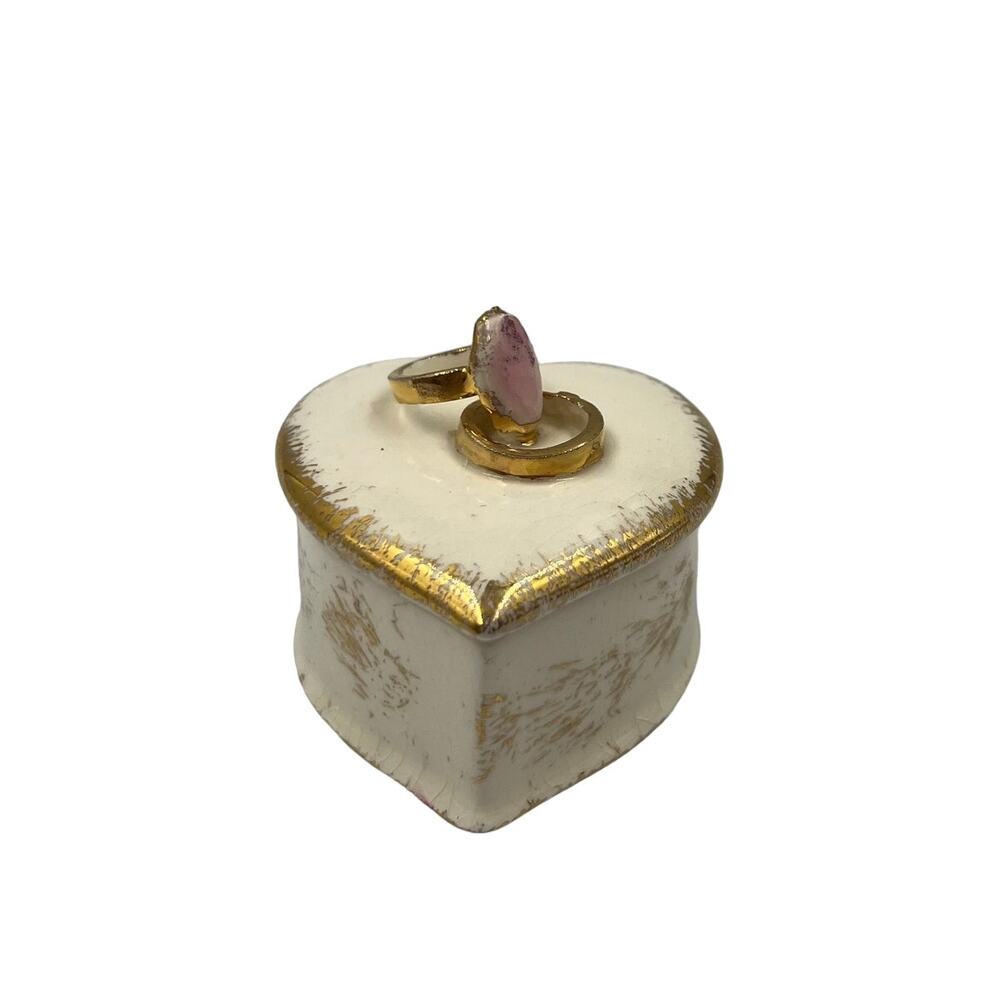 Vintage Ceramic Glazed Heart Shaped Jewelry Trinket Box Wedding Band Top